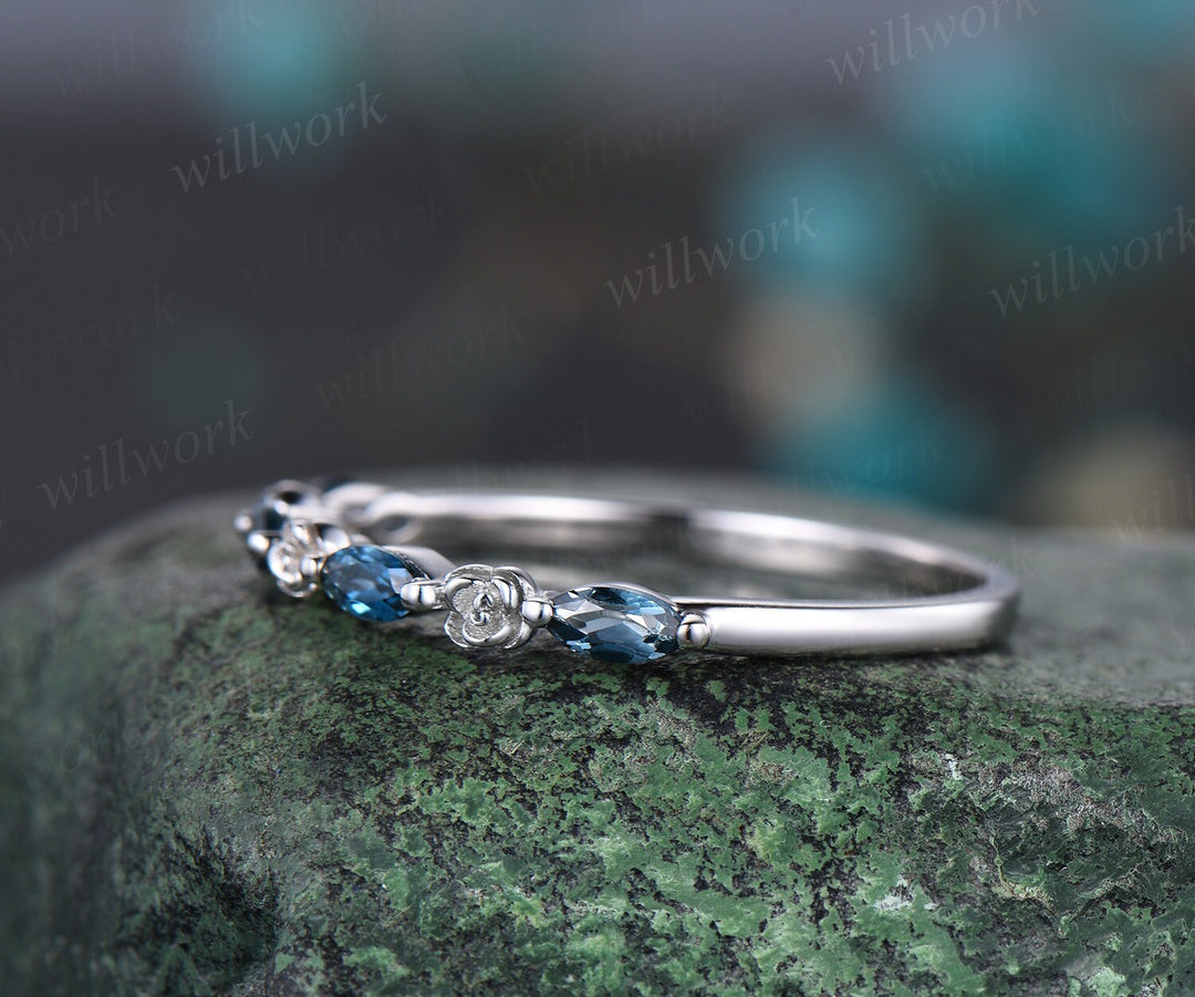 Flower marquise cut London blue topaz wedding band solid 14k rose gold half eternity stacking art deco bridal wedding anniversary ring gift