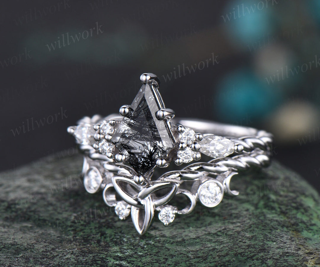 Vintage kite black rutilated quartz engagement ring solid 14k white gold Celtic knot Twisted diamond anniversary bridal ring set women