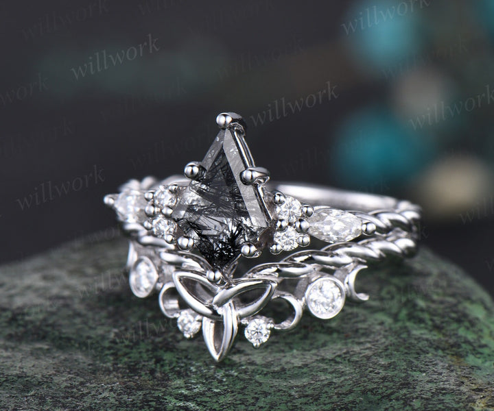 Vintage kite black rutilated quartz engagement ring solid 14k white gold Celtic knot Twisted diamond anniversary bridal ring set women
