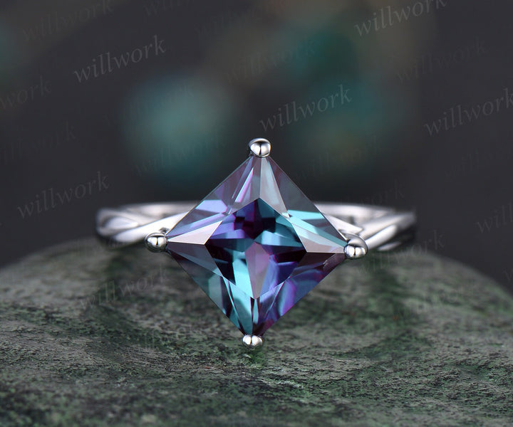 Unique princess Alexandrite engagement ring solid 14k white gold marquise amethyst emerald twisted promise wedding ring set women jewelry