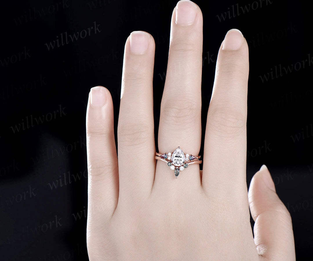 Pear shaped moissanite ring vintage kite alexandrite ring rose gold unique engagement ring stacking promise bridal wedding ring set women