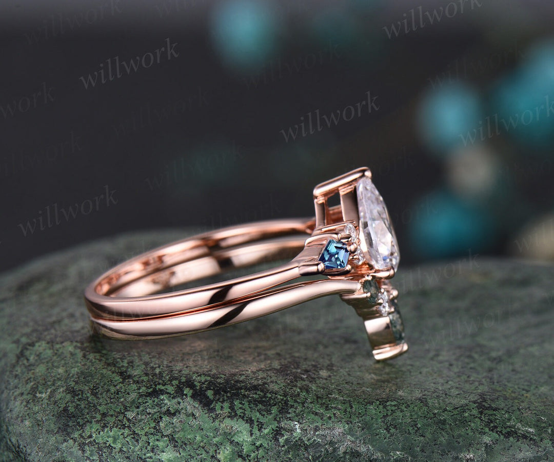 Pear shaped moissanite ring vintage kite alexandrite ring rose gold unique engagement ring stacking promise bridal wedding ring set women