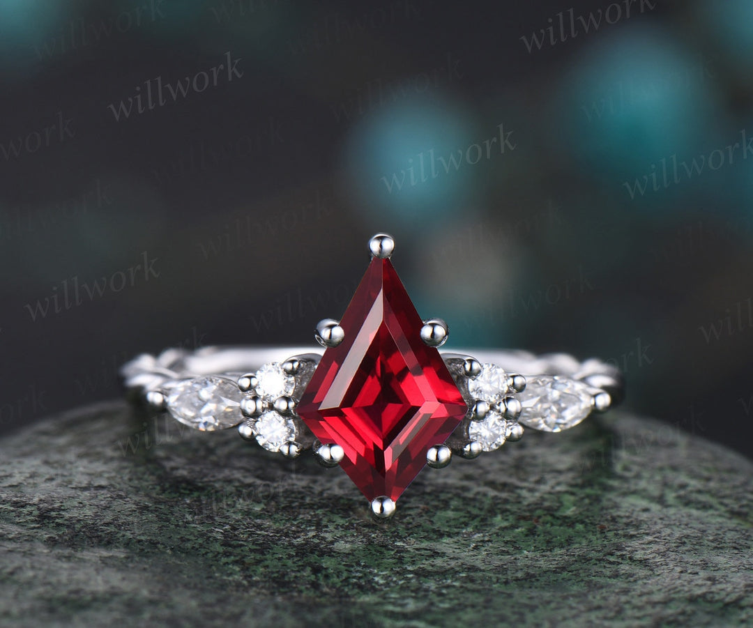 Vintage kite cut red ruby engagement ring solid 14k white gold Celtic knot Twisted diamond anniversary wedding bridal ring set women gift
