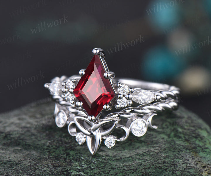 Vintage kite cut red ruby engagement ring solid 14k white gold Celtic knot Twisted diamond anniversary wedding bridal ring set women gift