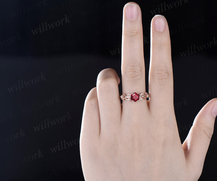 Twig red ruby ring vintage hexagon cut ruby engagement ring solid 14k rose gold leaf opal ring July birthstone ring anniversary ring gift