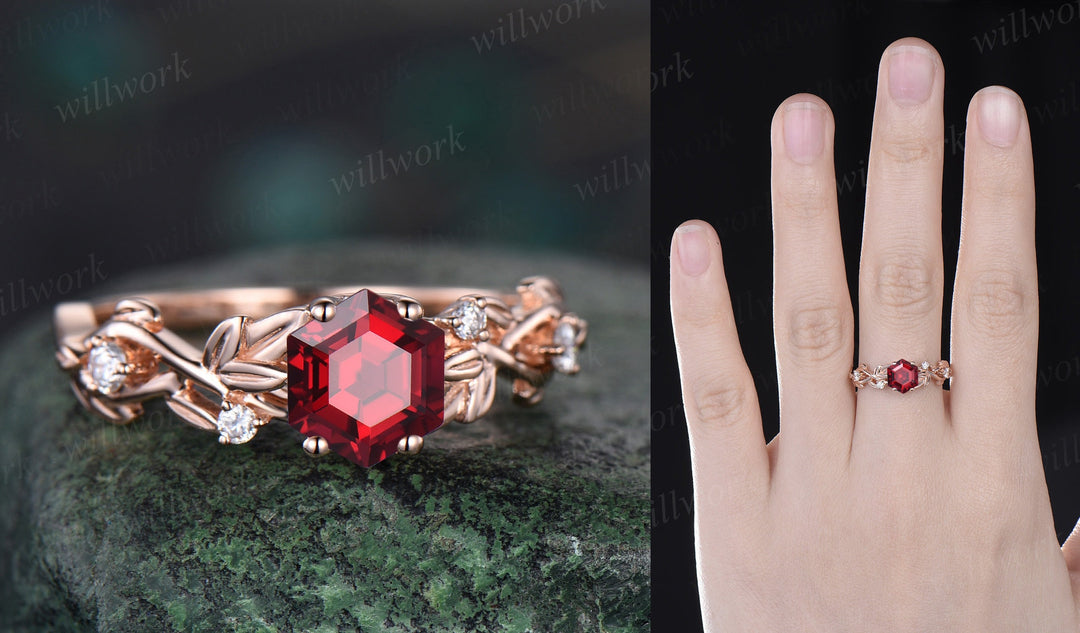 Twig red ruby ring vintage hexagon cut ruby engagement ring solid 14k rose gold leaf opal ring July birthstone ring anniversary ring gift