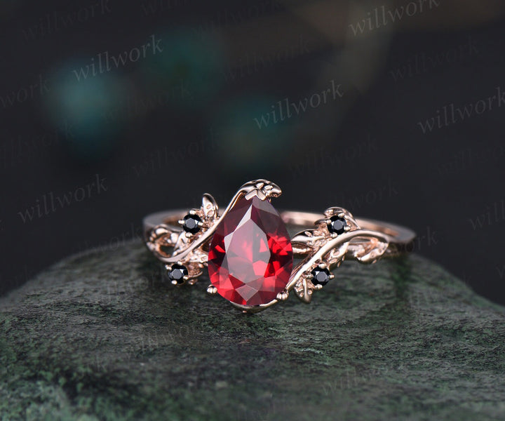 Pear cut red ruby ring vintage art deco five stone black spinel ring twig leaf unique engagement ring women rose gold anniversary ring gift