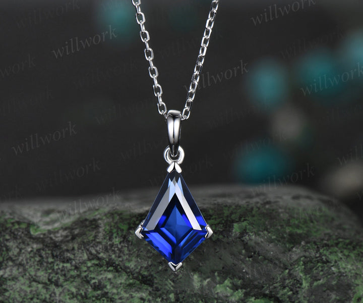 Kite blue sapphire necklace solid 14k 18k yellow gold vintage unique Personalized pendant women her gemstone anniversary bridal gift mother
