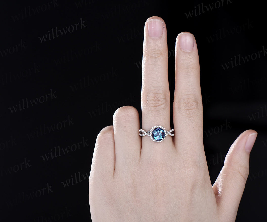 2ct round Alexandrite engagement ring white gold twisted infinity halo diamond ring vintage unique promise wedding anniversary ring women