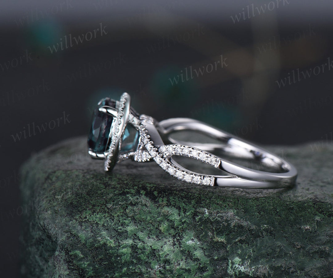 2ct round Alexandrite engagement ring white gold twisted infinity halo diamond ring vintage unique promise wedding anniversary ring women