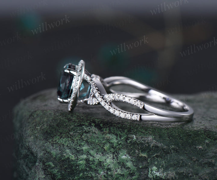 2ct round Alexandrite engagement ring white gold twisted infinity halo diamond ring vintage unique promise wedding anniversary ring women