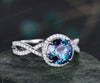 2ct round Alexandrite engagement ring white gold twisted infinity halo diamond ring vintage unique promise wedding anniversary ring women