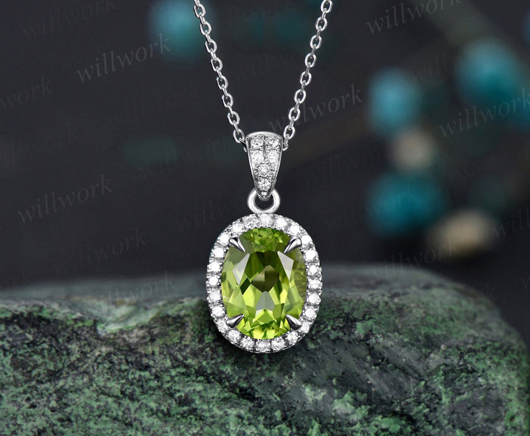 2ct oval cut peridot necklace solid 14k yellow gold vintage unique halo diamond necklace pendant women August birthstone anniversary gift