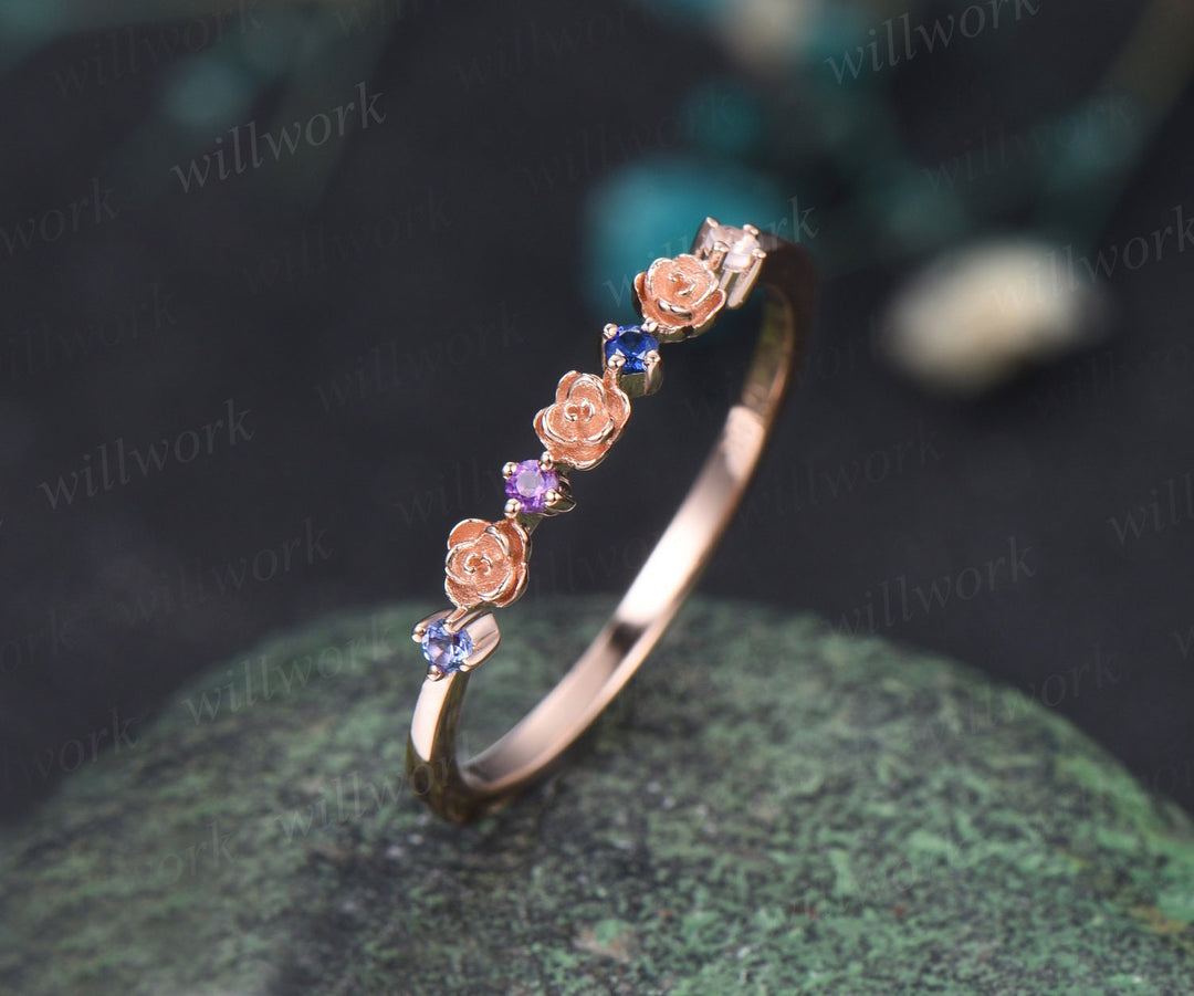 Floral natural Tanzanite amethyst sapphire moonstone wedding band women solid 14k rose gold flower four stone anniversary ring band gift