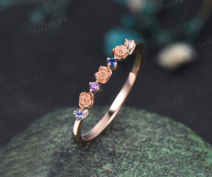 Floral natural Tanzanite amethyst sapphire moonstone wedding band women solid 14k rose gold flower four stone anniversary ring band gift