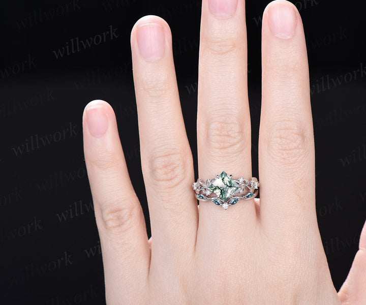 Princess cut green moss agate engagement ring 14k white gold five stone leaf branch Nature inspired bridal ring set women gift