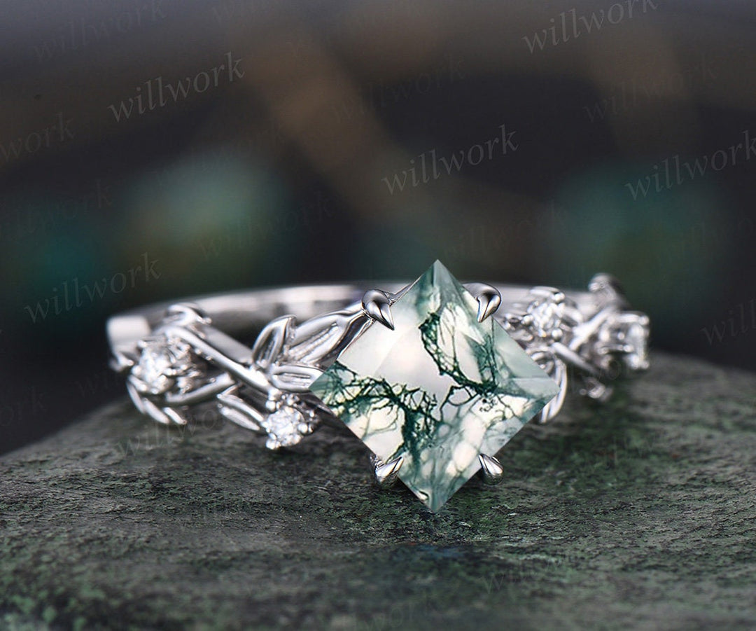 Princess cut green moss agate engagement ring 14k white gold five stone leaf branch Nature inspired bridal ring set women gift