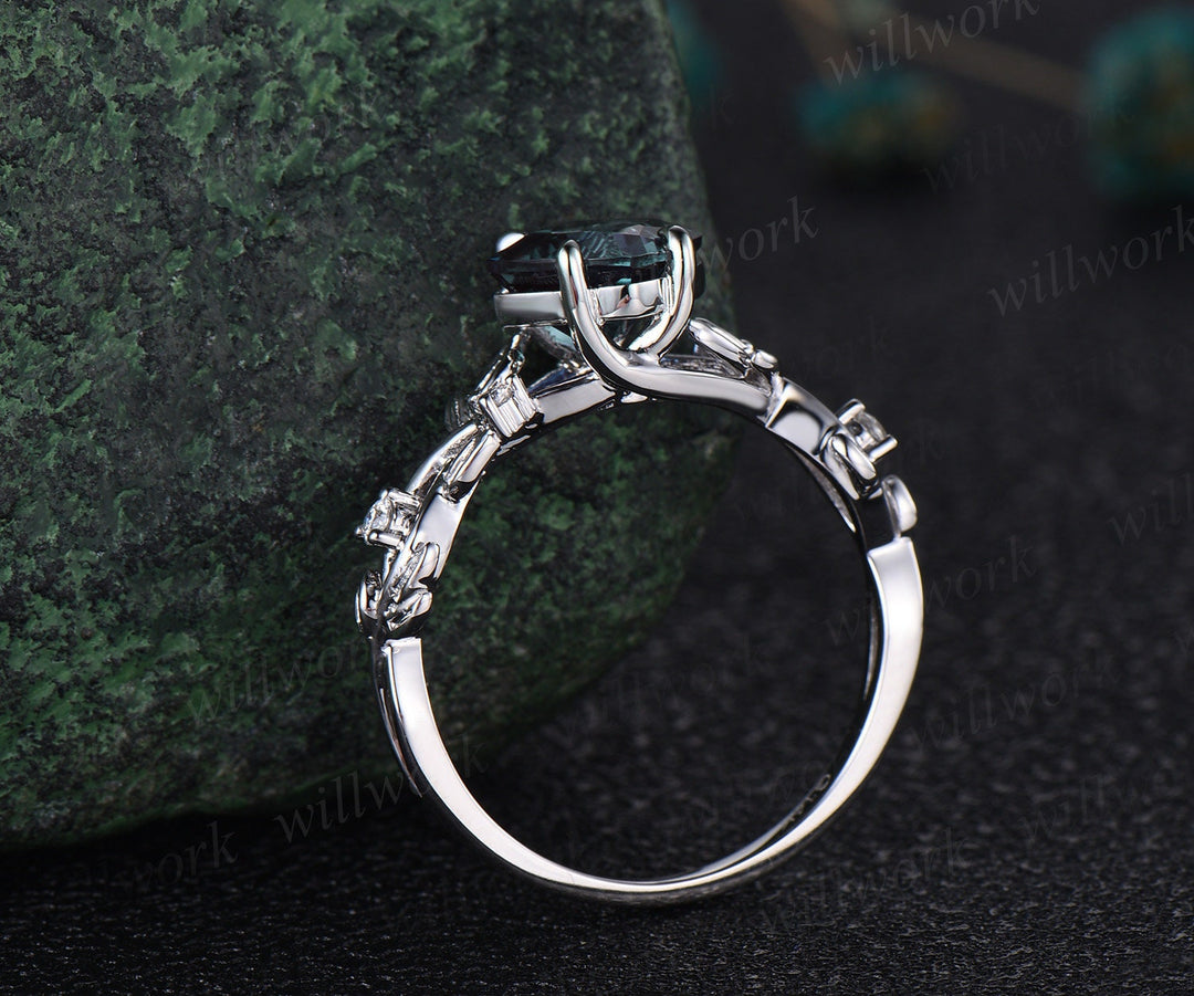 Princess cut green moss agate engagement ring 14k white gold five stone leaf branch Nature inspired bridal ring set women gift