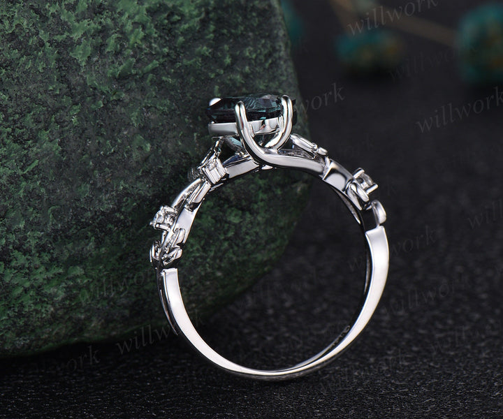 Princess cut green moss agate engagement ring 14k white gold five stone leaf branch Nature inspired bridal ring set women gift