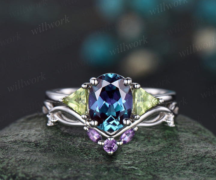Oval cut alexandrite ring three stone Trillion peridot ring white gold unique engagement ring amethyst twisted bridal wedding ring set women