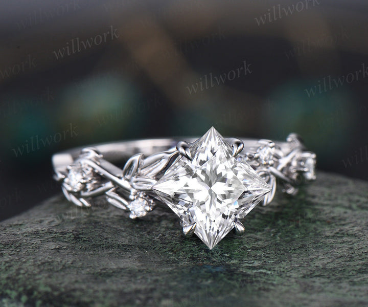 Nature inspired princess cut IGI lab-grown diamond engagement ring set 14k white gold five stone leaf branch ring diamond bridal ring set women gift