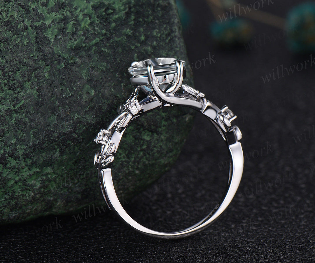 Nature inspired princess cut IGI lab-grown diamond engagement ring set 14k white gold five stone leaf branch ring diamond bridal ring set women gift