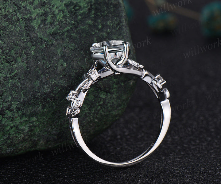 Nature inspired princess cut IGI lab-grown diamond engagement ring set 14k white gold five stone leaf branch ring diamond bridal ring set women gift