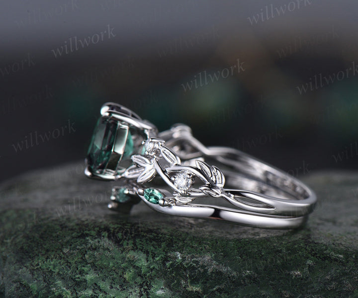 Princess cut green emerald engagement ring set 14k white gold five stone leaf branch Nature inspired ring diamond bridal ring set women gift
