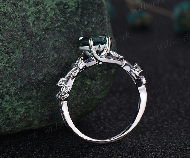 Princess cut green emerald engagement ring set 14k white gold five stone leaf branch Nature inspired ring diamond bridal ring set women gift