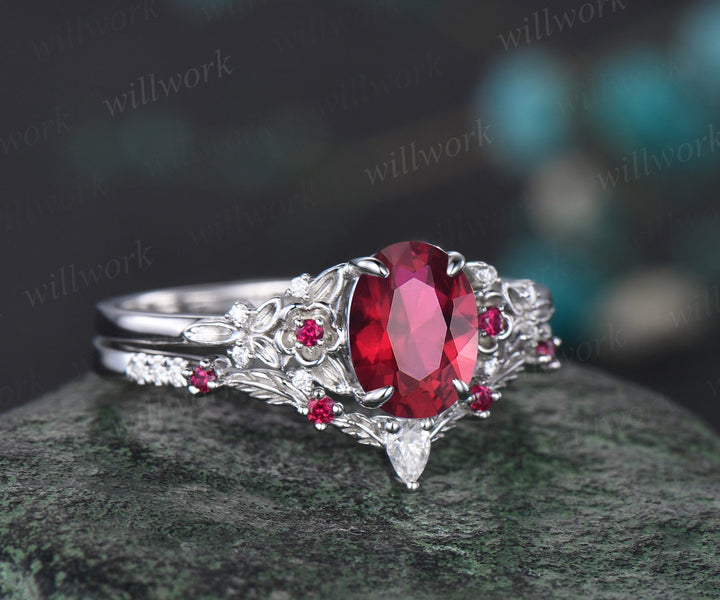 Vintage oval cut ruby engagement ring 14k white gold twig leaf floral antique unique diamond promise bridal wedding ring set women gift