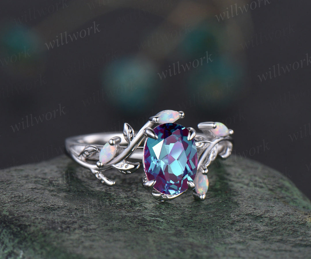 Oval Alexandrite ring vintage leaf marquise opal ring rose gold five stone unique nature inspired engagement ring twig wedding ring women