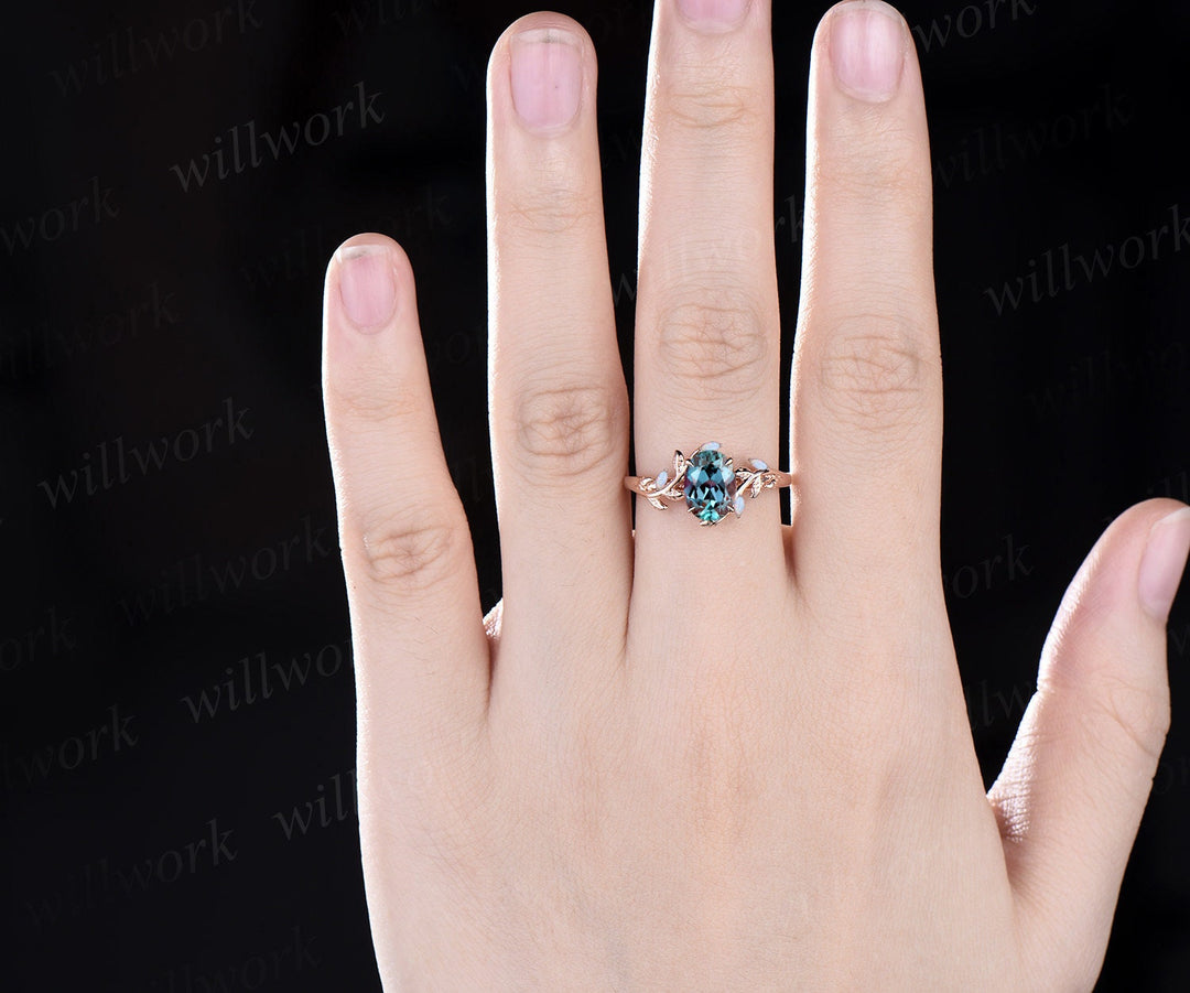 Oval Alexandrite ring vintage leaf marquise opal ring rose gold five stone unique nature inspired engagement ring twig wedding ring women