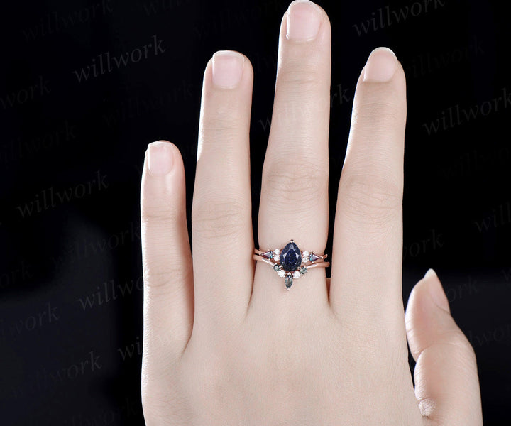 Pear blue sandstone ring vintage kite alexandrite ring 14k rose gold unique engagement ring stacking promise bridal wedding ring set women