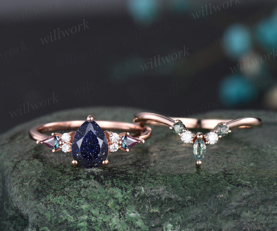 Pear blue sandstone ring vintage kite alexandrite ring 14k rose gold unique engagement ring stacking promise bridal wedding ring set women