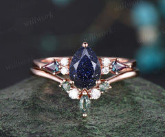 Pear blue sandstone ring vintage kite alexandrite ring 14k rose gold unique engagement ring stacking promise bridal wedding ring set women