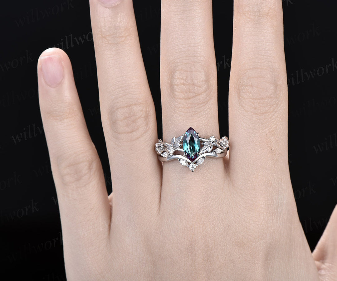 Vintage marquise cut alexandrite engagement ring women twig leaf Nature inspired white gold ring branch diamond bridal ring set gift