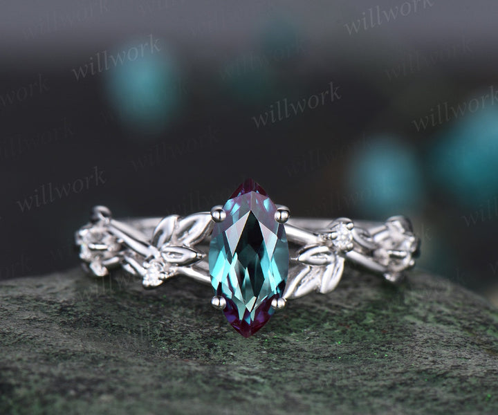 Vintage marquise cut alexandrite engagement ring women twig leaf Nature inspired white gold ring branch diamond bridal ring set gift
