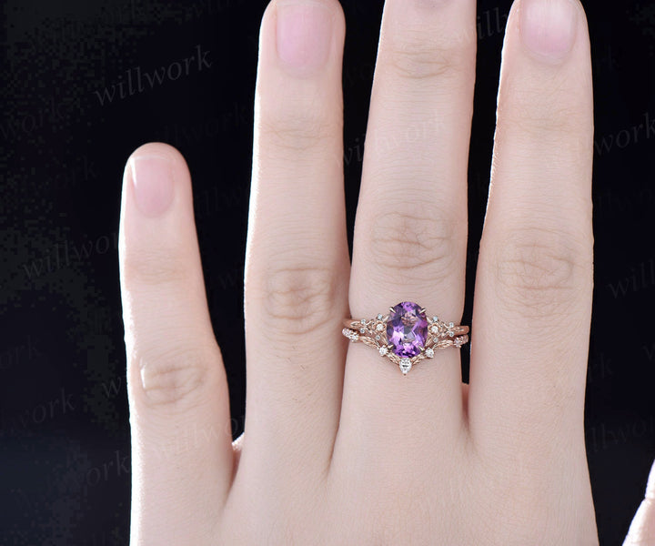 Vintage oval purple Amethyst engagement ring set 14k rose gold leaf floral nature inspired diamond ring unique promise wedding ring women