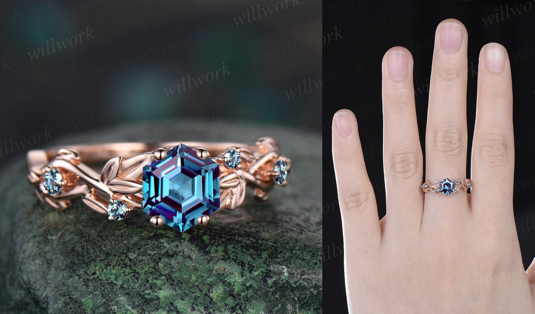 Twig Alexandrite ring vintage hexagon cut Alexandrite engagement ring white gold leaf amethyst ring June birthstone ring anniversary ring
