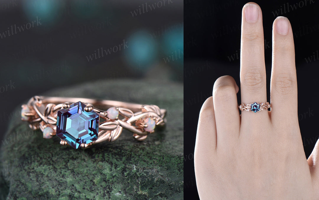 Twig Alexandrite ring vintage hexagon cut Alexandrite engagement ring white gold leaf amethyst ring June birthstone ring anniversary ring
