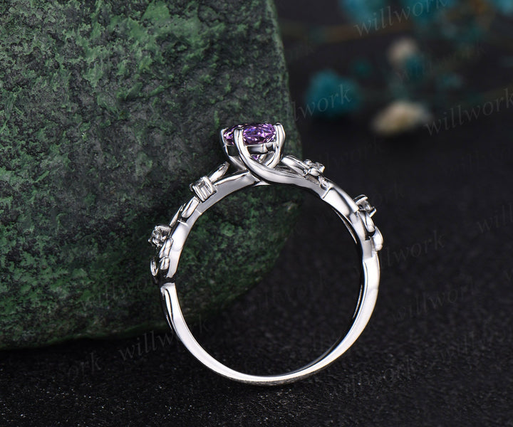 Vintage marquise cut purple amethyst engagement ring women twig leaf Nature inspired white gold ring branch diamond bridal ring set gift