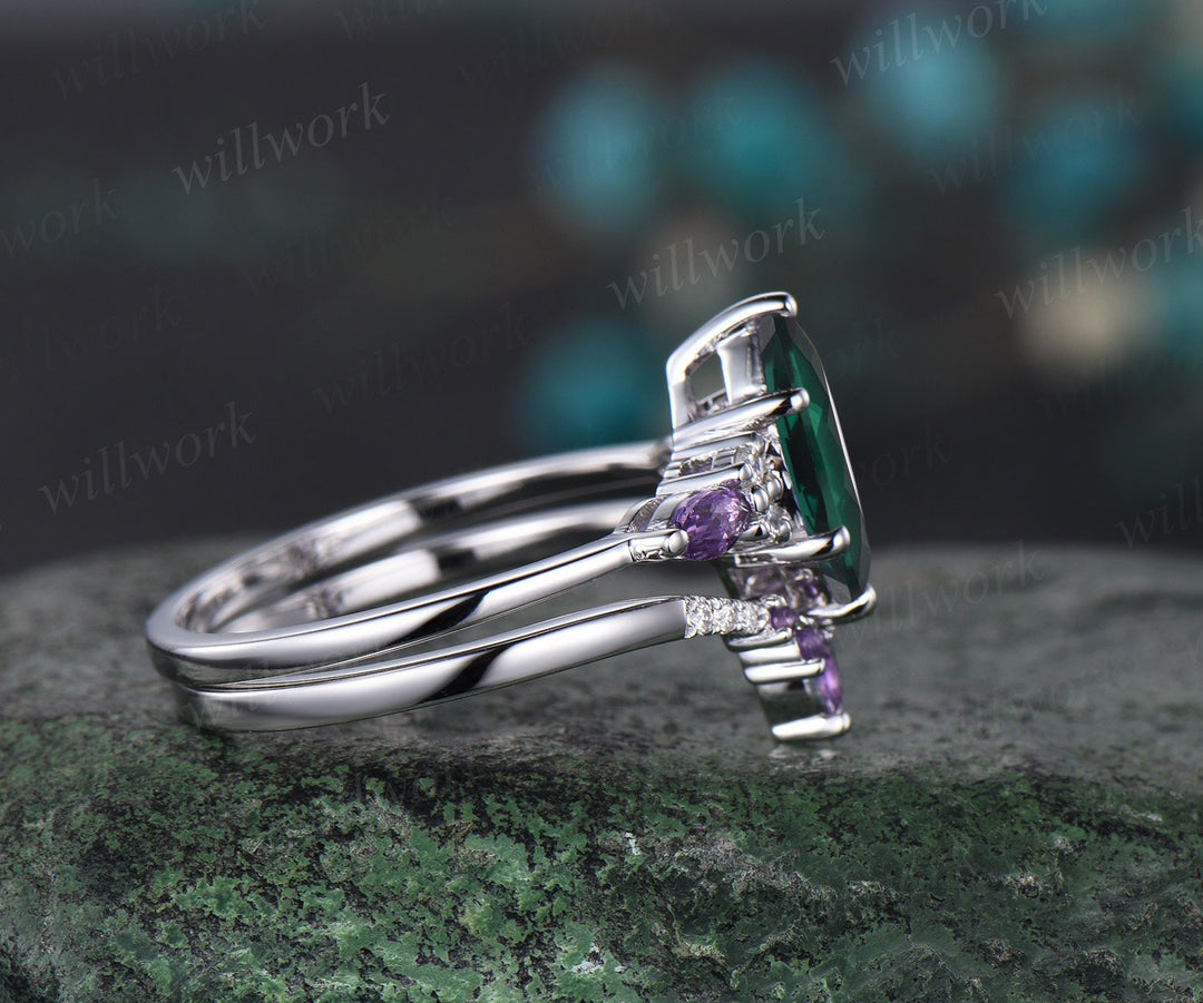 Vintage marquise cut green emerald engagement ring art deco white gold amethyst moissanite 6 prong crystal bridal wedding ring set women