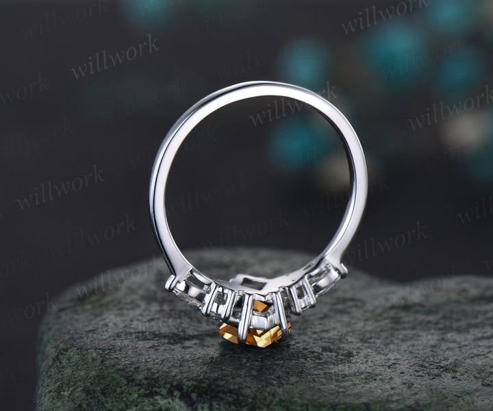 Vintage kite cut yellow citrine engagement ring solid 14k white gold peridot ring women gemstone crystal ring unique bridal set claw prong
