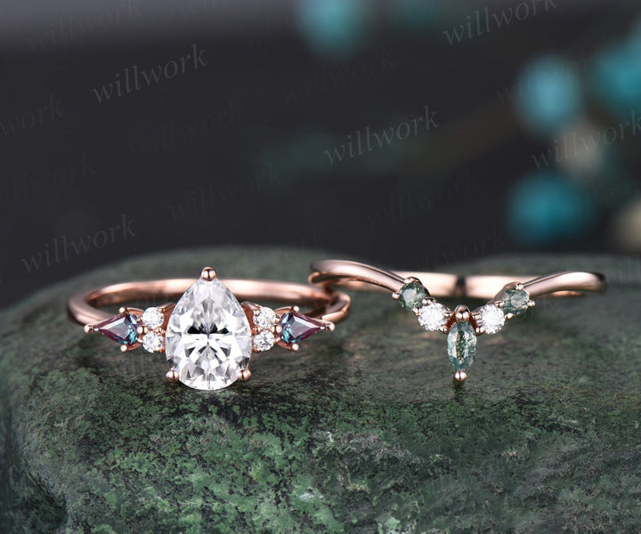 Pear shaped moissanite ring vintage kite alexandrite ring rose gold unique engagement ring stacking promise bridal wedding ring set women