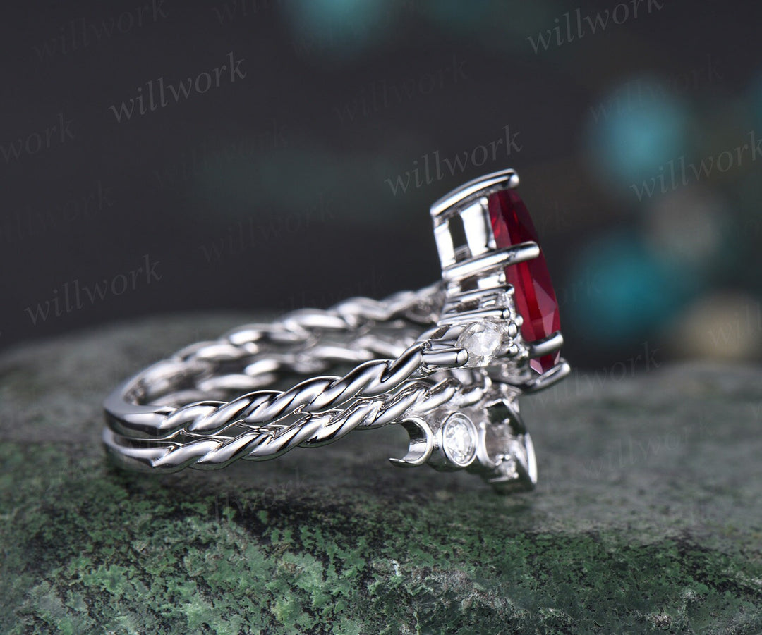 Vintage kite cut red ruby engagement ring solid 14k white gold Celtic knot Twisted diamond anniversary wedding bridal ring set women gift