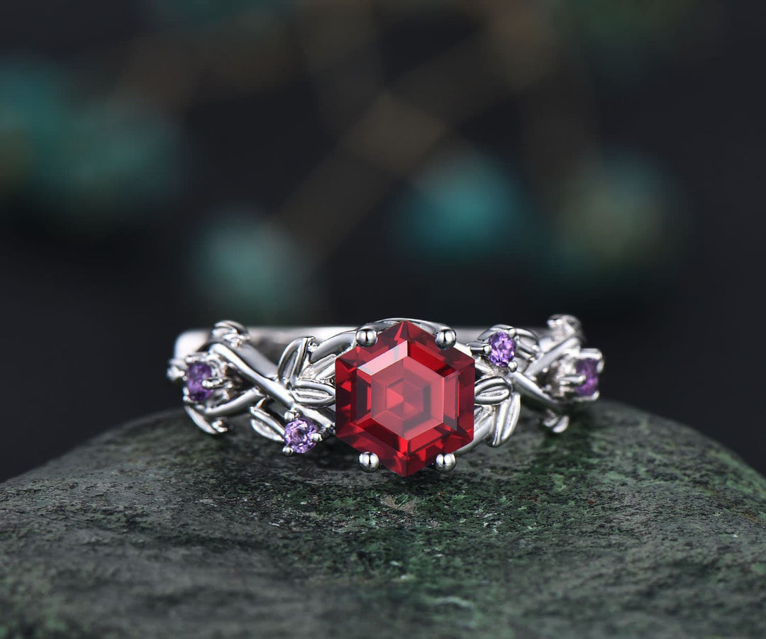 Twig red ruby ring vintage hexagon cut ruby engagement ring solid 14k rose gold leaf opal ring July birthstone ring anniversary ring gift