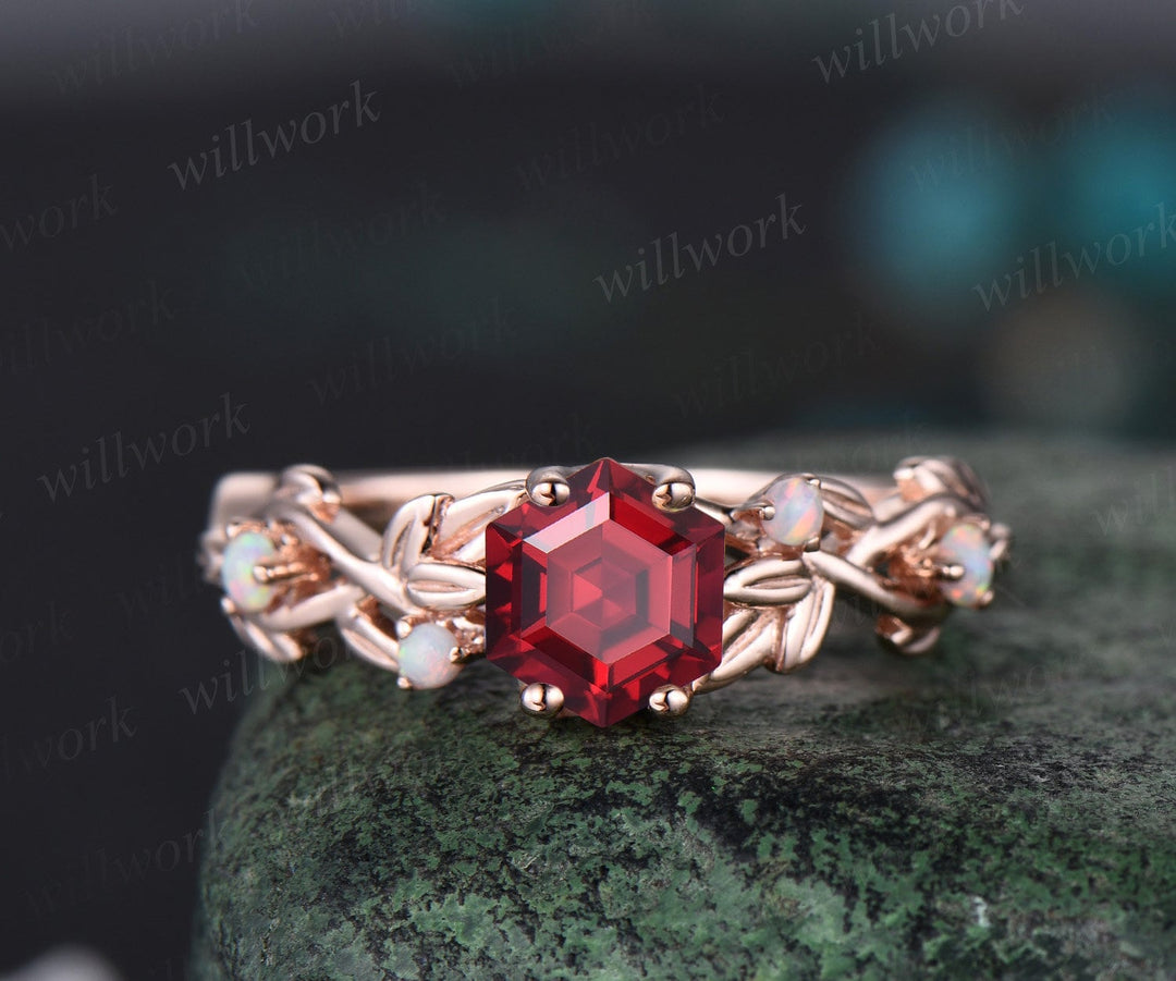 Twig red ruby ring vintage hexagon cut ruby engagement ring solid 14k rose gold leaf opal ring July birthstone ring anniversary ring gift