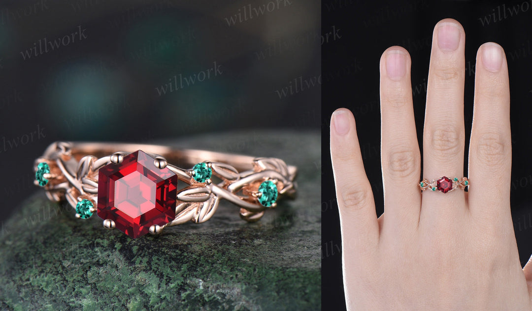 Twig red ruby ring vintage hexagon cut ruby engagement ring solid 14k rose gold leaf opal ring July birthstone ring anniversary ring gift