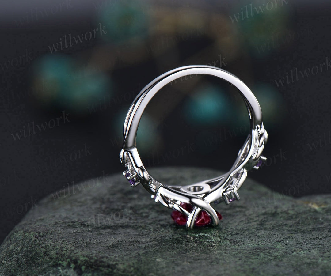 Twig red ruby ring vintage hexagon cut ruby engagement ring solid 14k rose gold leaf opal ring July birthstone ring anniversary ring gift