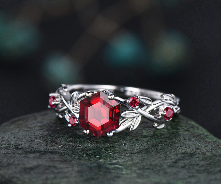 Twig red ruby ring vintage hexagon cut ruby engagement ring solid 14k rose gold leaf opal ring July birthstone ring anniversary ring gift